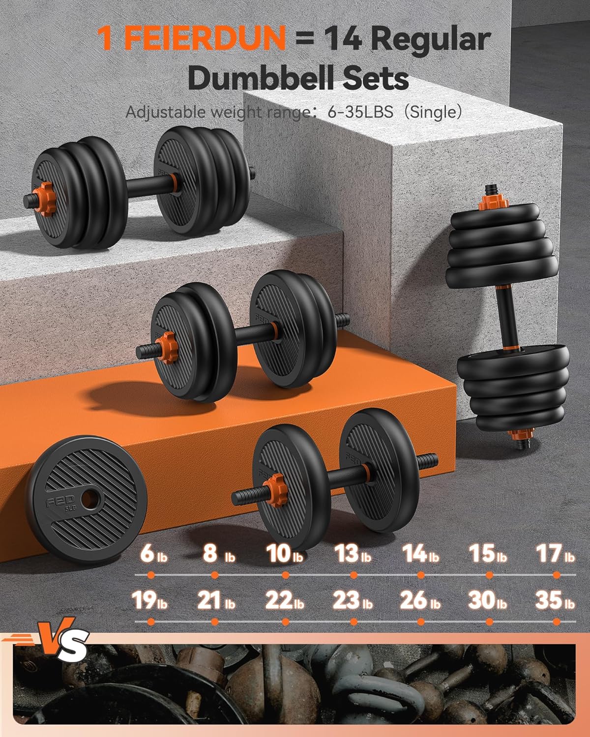 Feierdun Adjustable Dumbbells, Free Weight Set with Connector, 5 in1 Dumbbells Set Used as Barbell, Kettlebells, Push up Stand, Weight Plate, Fitness Exercises for Home Gym