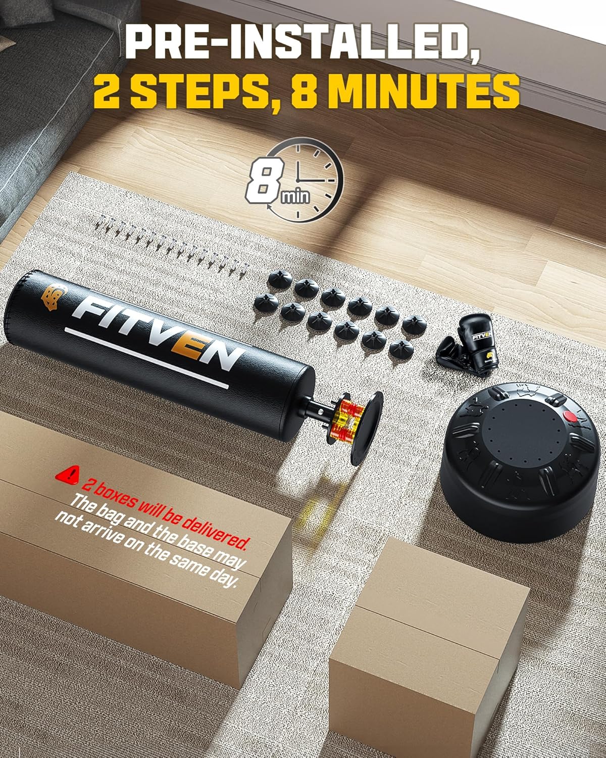 FITVEN Freestanding Punching Bag with Boxing Gloves Heavy Boxing Bag with Suction Cup Base - Men Stand Kickboxing Bag