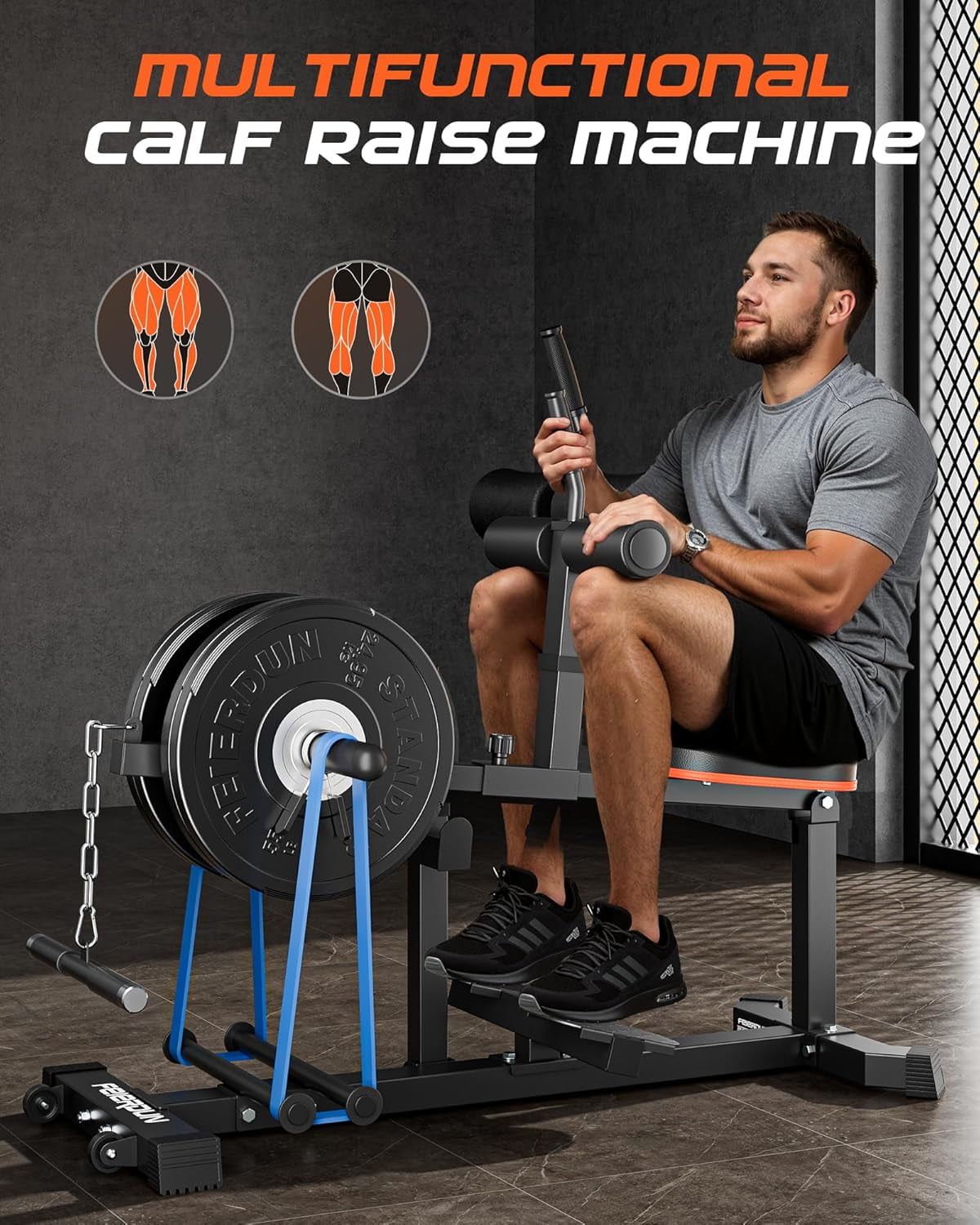FEIERDUN Adjustable Seated Calf Raise Machine with Band Pegs and Bicep Curl Handle for Leg Training and Exercise - Home Gym Equipment