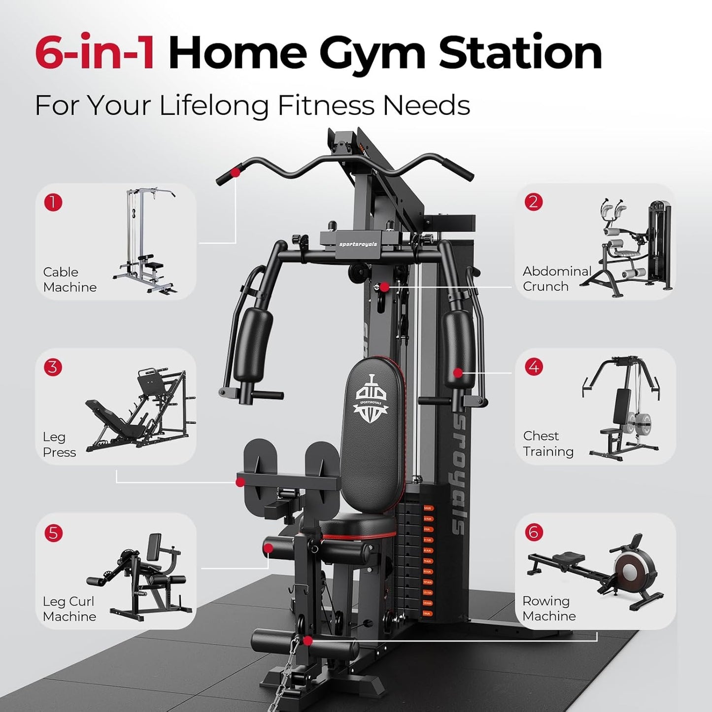 Sportsroyals 150LB Weight Stack Home Gym System - Versatile Cable Machine for Full Body Strength Training