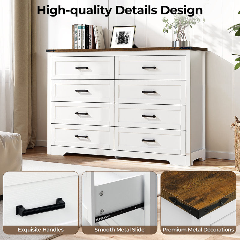Astred 8-Drawer Dresser 54"W Double Dresser With Rustic Brown Top Panel