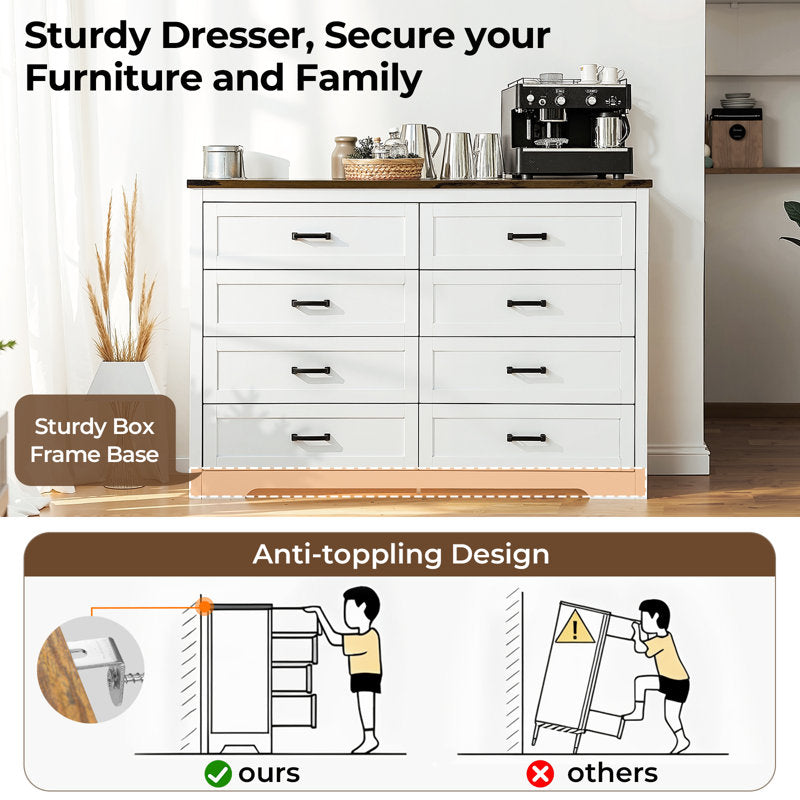 Astred 8-Drawer Dresser 54"W Double Dresser With Rustic Brown Top Panel