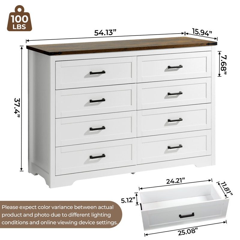 Astred 8-Drawer Dresser 54"W Double Dresser With Rustic Brown Top Panel