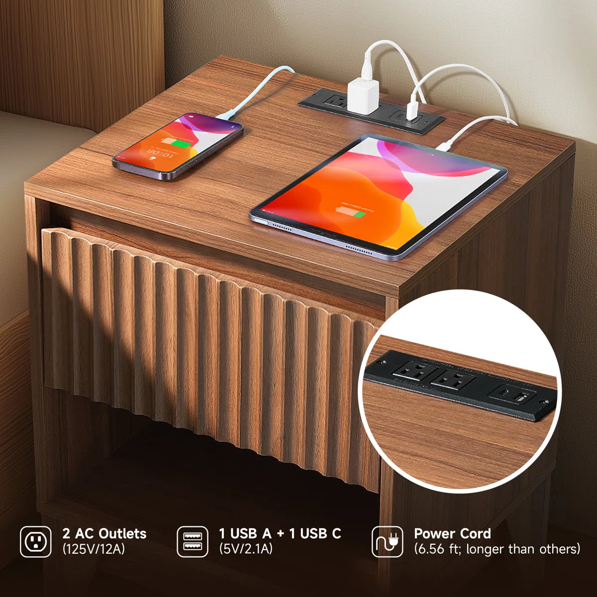 KOLIGEY 1 - Drawer Nightstand With Charging Station, Versatile Side Table With Storage