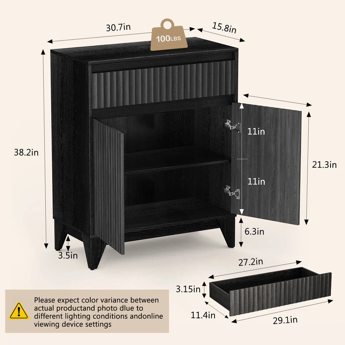 KOLIGEY 38" Tall 2 - Door Accent Cabinet With Adjustable Shelf, Waveform Fluted Panel