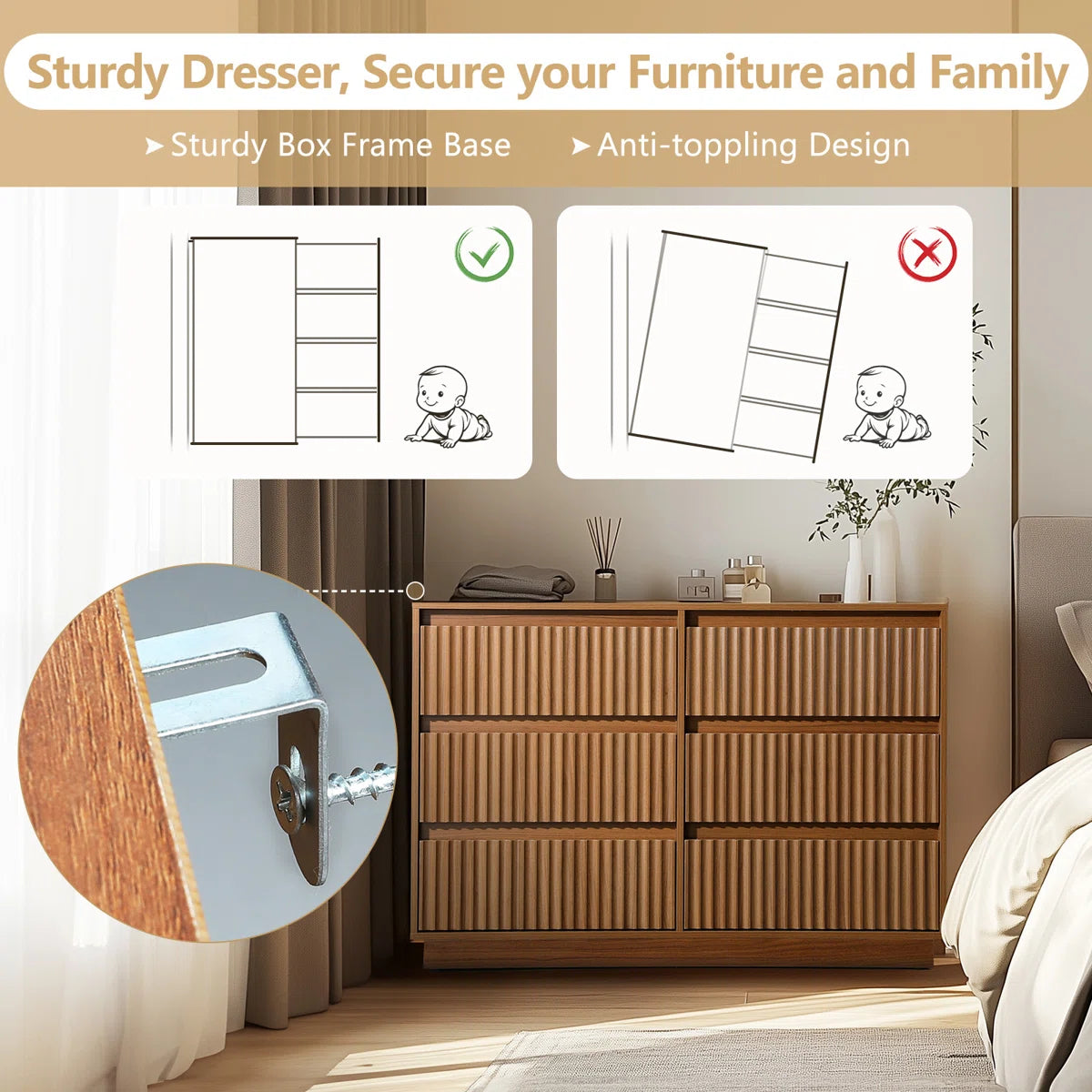 Dejesus 6-Drawer Dresser 47"W Double Dresser With Waveform Fluted Panel