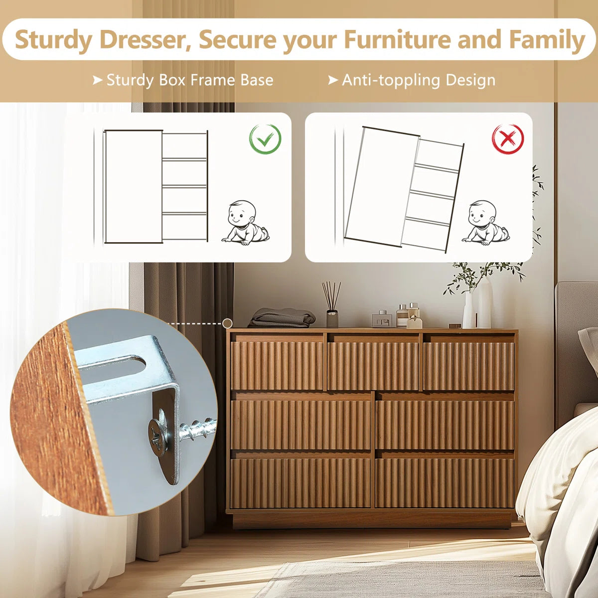 KOLIGEY 7-Drawer Dresser 47"W Double Dresser With Waveform Fluted Panel