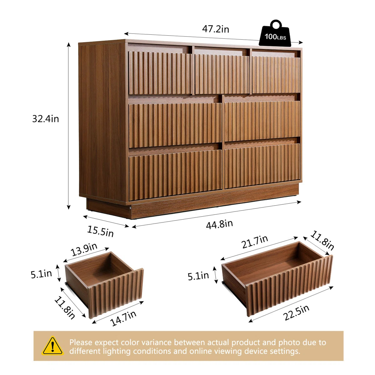 KOLIGEY 7-Drawer Dresser 47"W Double Dresser With Waveform Fluted Panel