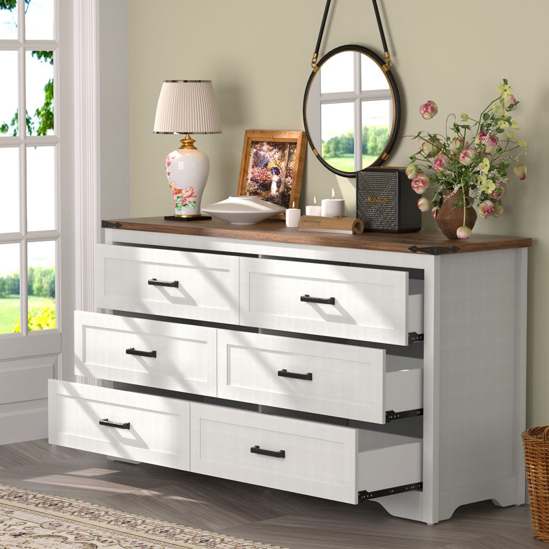 Emryss 6-Drawer Dresser 54"W Double Dresser With Rustic Top Panel