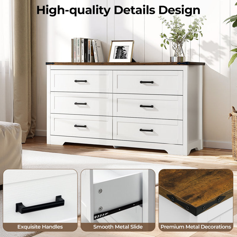 Emryss 6-Drawer Dresser 54"W Double Dresser With Rustic Top Panel