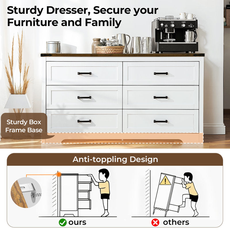 Emryss 6-Drawer Dresser 54"W Double Dresser With Rustic Top Panel