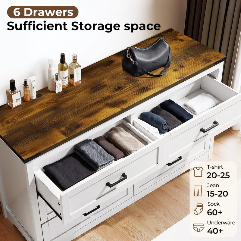 Emryss 6-Drawer Dresser 54"W Double Dresser With Rustic Top Panel