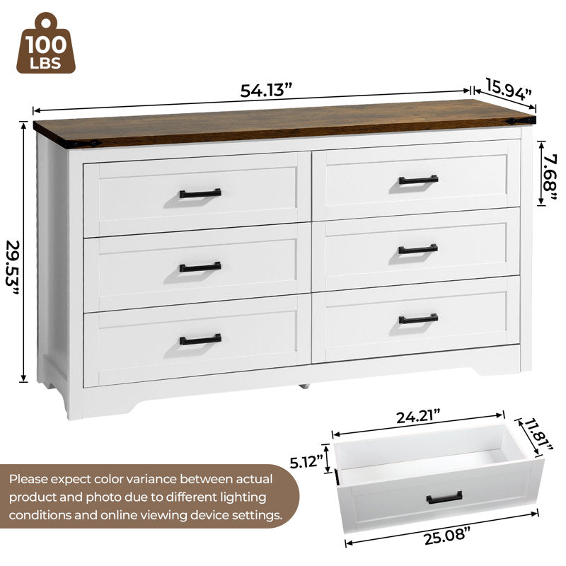 Emryss 6-Drawer Dresser 54"W Double Dresser With Rustic Top Panel