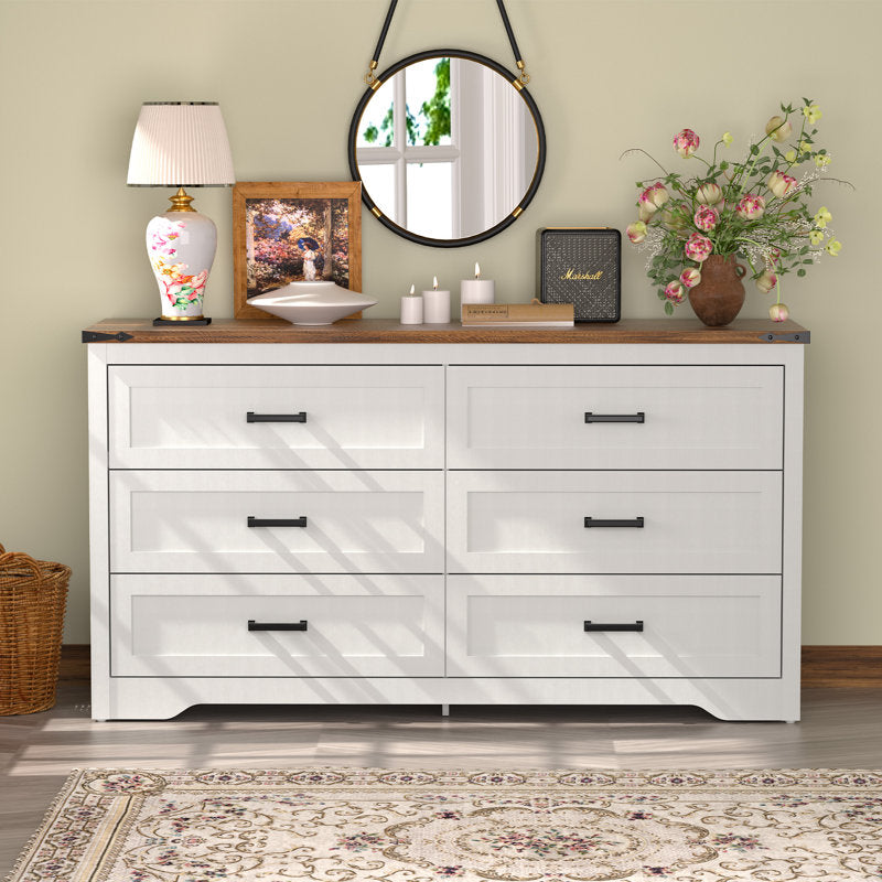 Emryss 6-Drawer Dresser 54"W Double Dresser With Rustic Top Panel