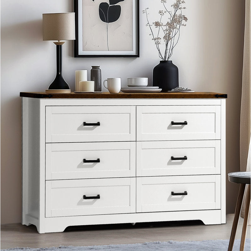 Emryss 6-Drawer Dresser 54"W Double Dresser With Rustic Top Panel