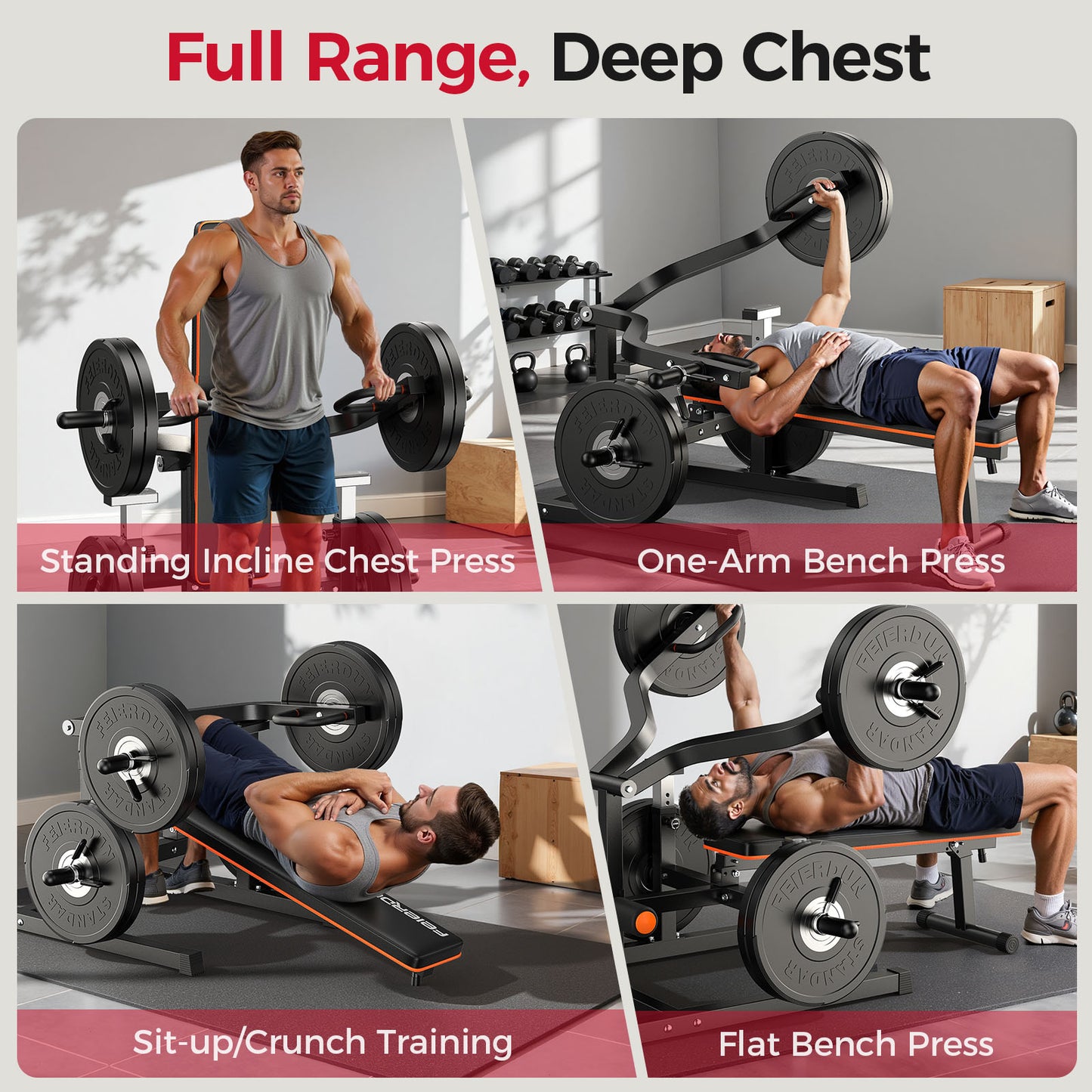 FEIERDUN 3-Grip U-Handles Chest Press Machine, 1250LBS Heavy-Duty Bench Press with Independent Converging Arms
