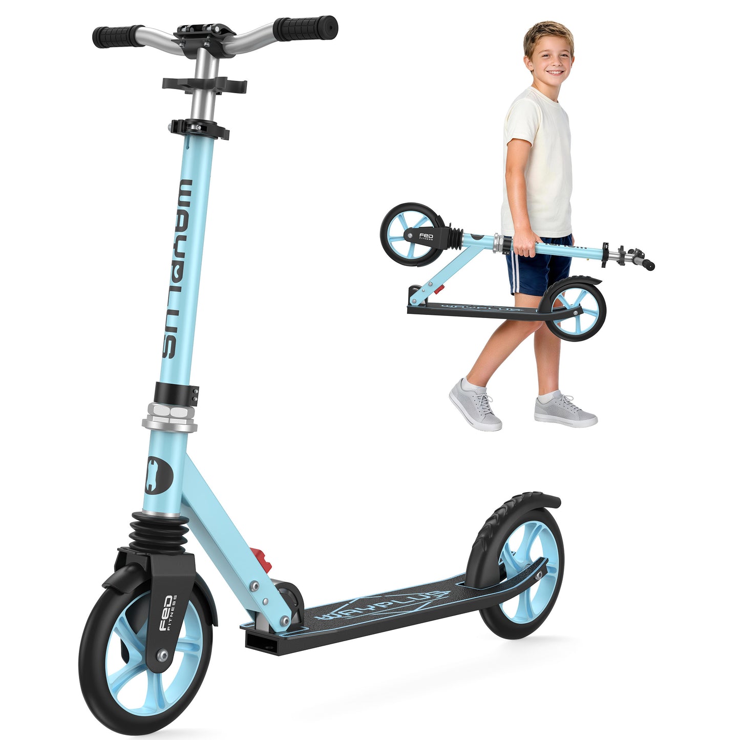 WAYPLUS Kick Scooter for Ages 6+,Kid, Teens & Adults. Max Load 240 LBS. Foldable, Lightweight, 8IN Big Wheels for Kids, Teen and Adults, 4 Adjustable Levels. Bearing ABEC9