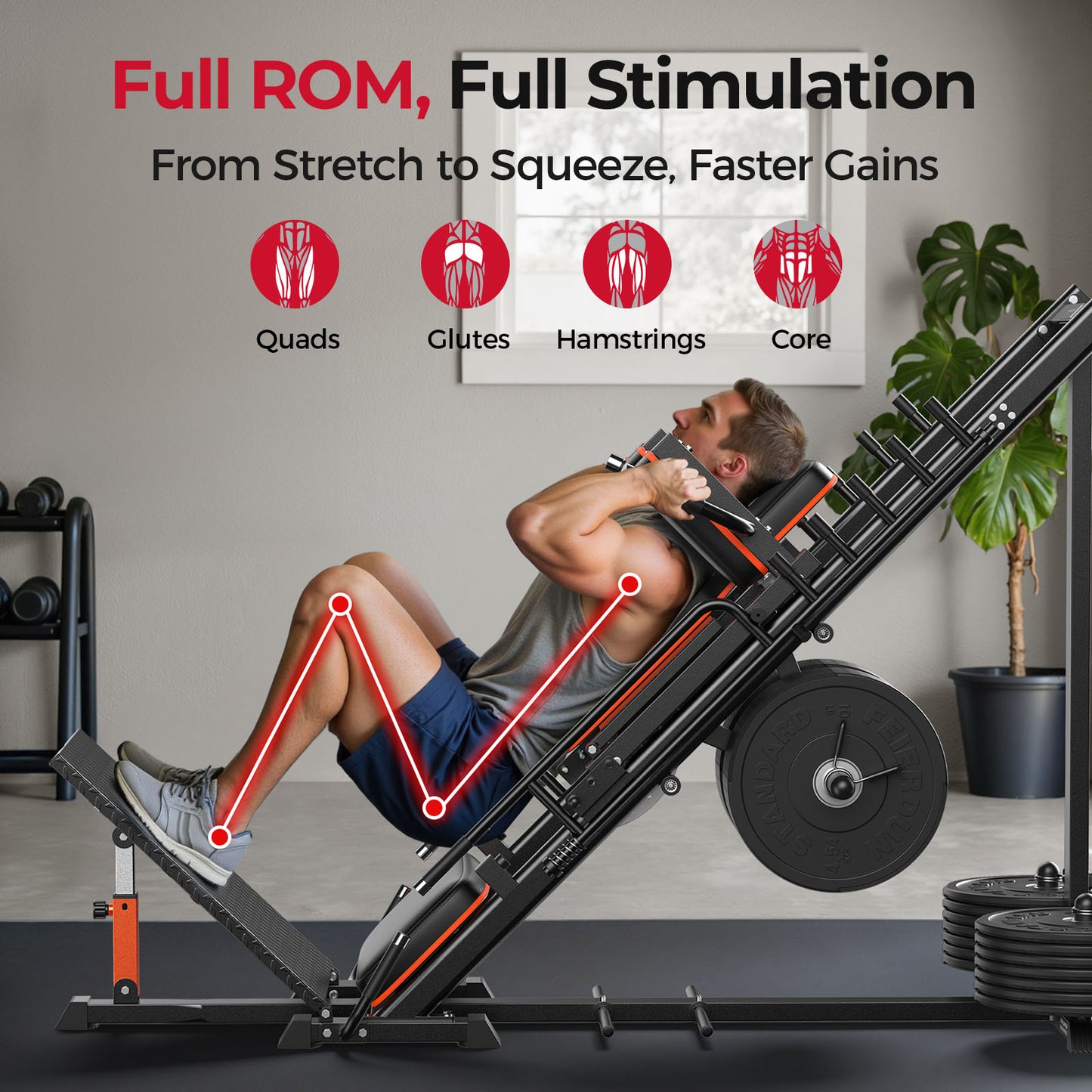 FEIERDUN 3‑in‑1 Leg Press Hack Squat Machine with Stretch Board – Adjustable Leg Press Machine