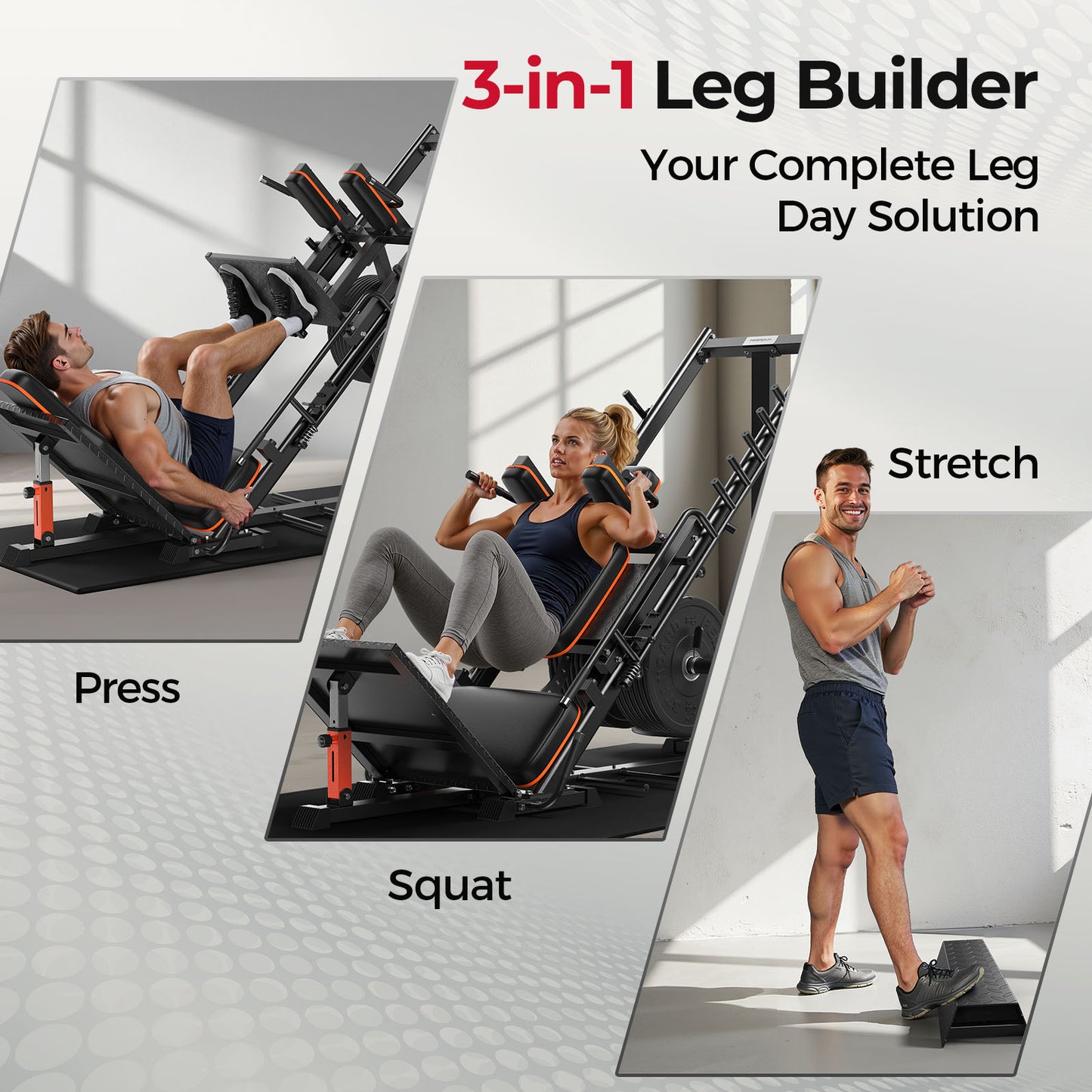 FEIERDUN 3‑in‑1 Leg Press Hack Squat Machine with Stretch Board – Adjustable Leg Press Machine