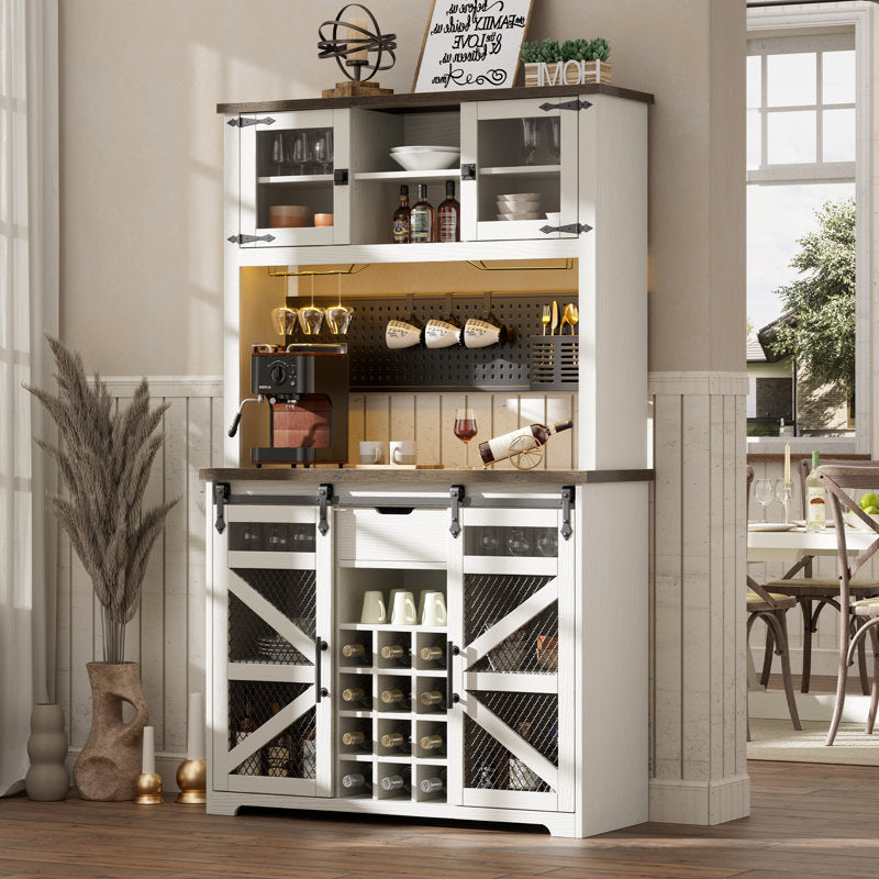 Lavorn 70" Tall Vintage Bar Cabinet with Hutch, Sliding Barn Door