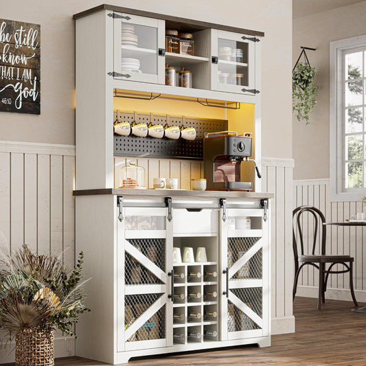 Lavorn 70" Tall Vintage Bar Cabinet with Hutch, Sliding Barn Door