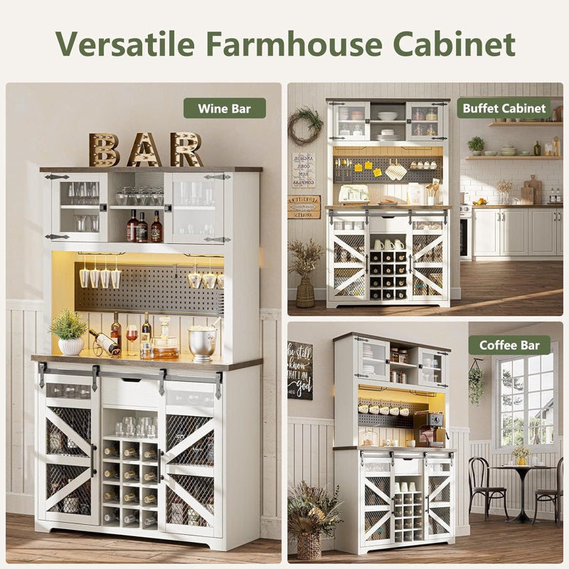 Lavorn 70" Tall Vintage Bar Cabinet with Hutch, Sliding Barn Door