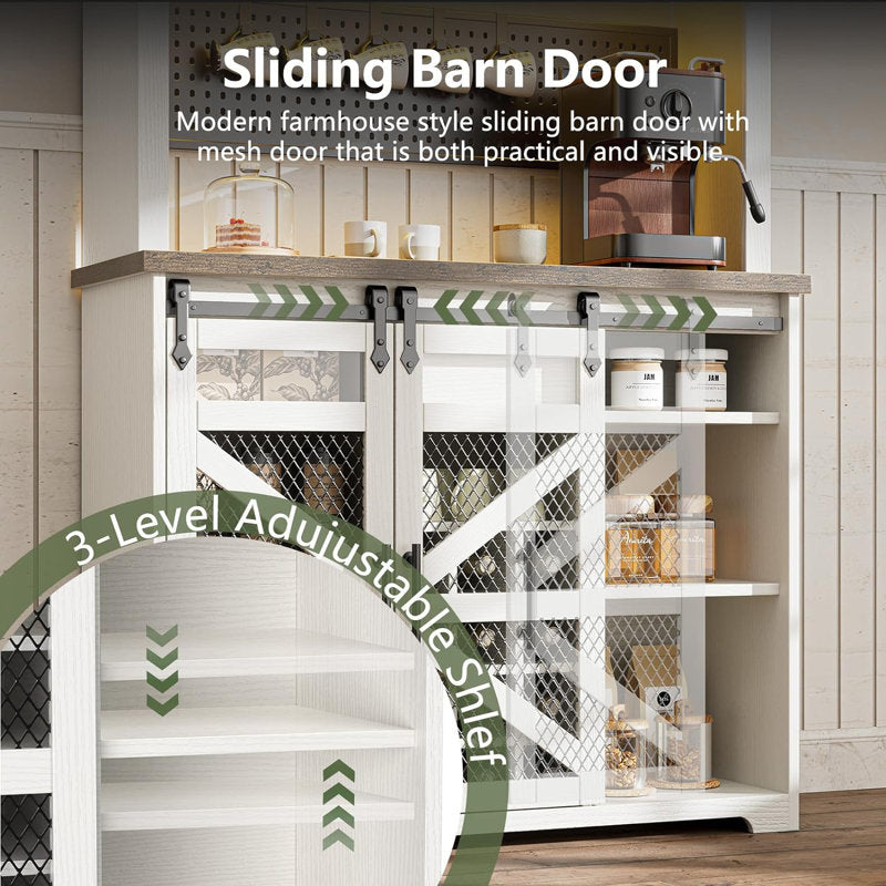 Lavorn 70" Tall Vintage Bar Cabinet with Hutch, Sliding Barn Door