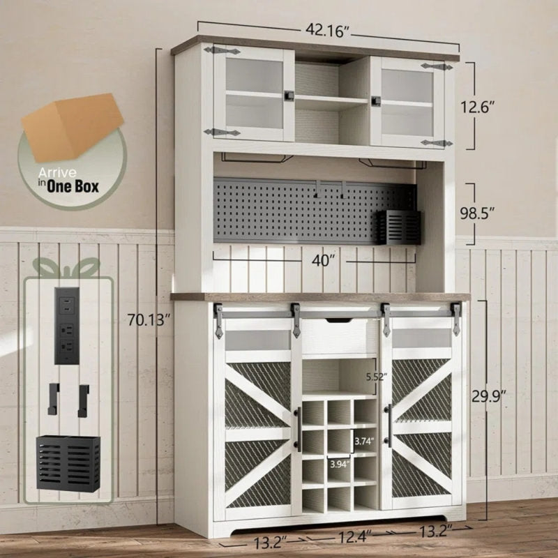 Lavorn 70" Tall Vintage Bar Cabinet with Hutch, Sliding Barn Door