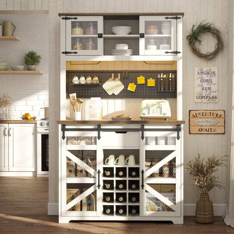 Lavorn 70" Tall Vintage Bar Cabinet with Hutch, Sliding Barn Door