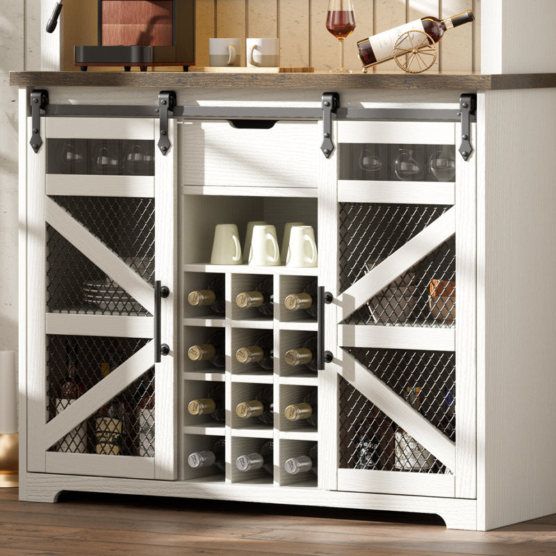Lavorn 70" Tall Vintage Bar Cabinet with Hutch, Sliding Barn Door