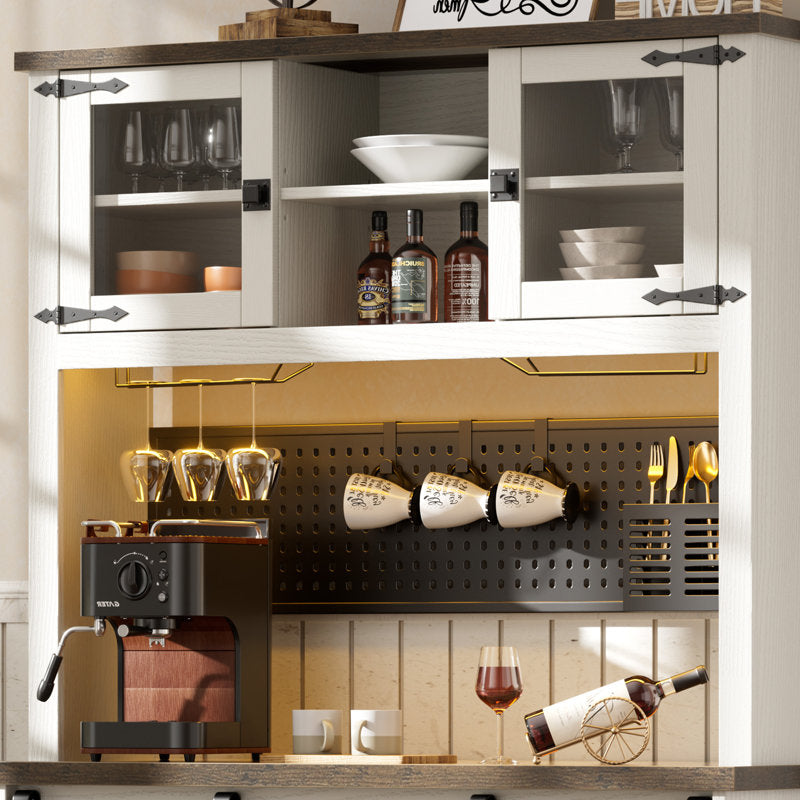 Lavorn 70" Tall Vintage Bar Cabinet with Hutch, Sliding Barn Door