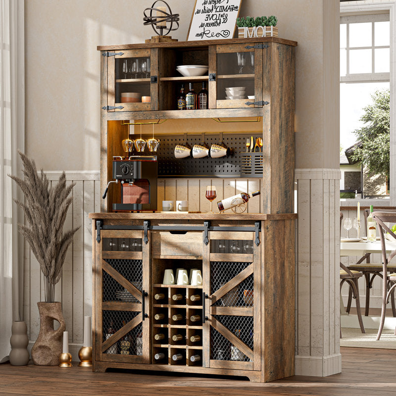 Lavorn 70" Tall Vintage Bar Cabinet with Hutch, Sliding Barn Door