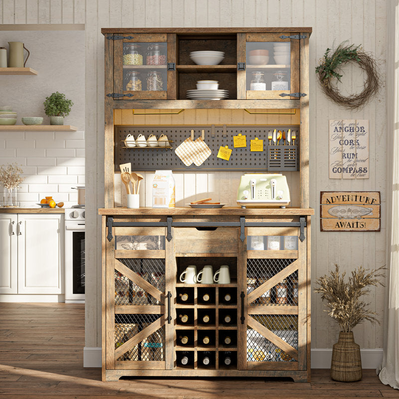 Lavorn 70" Tall Vintage Bar Cabinet with Hutch, Sliding Barn Door