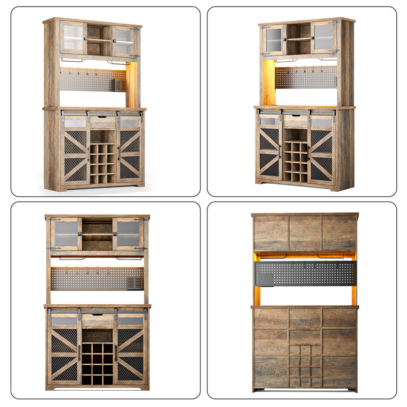 Lavorn 70" Tall Vintage Bar Cabinet with Hutch, Sliding Barn Door