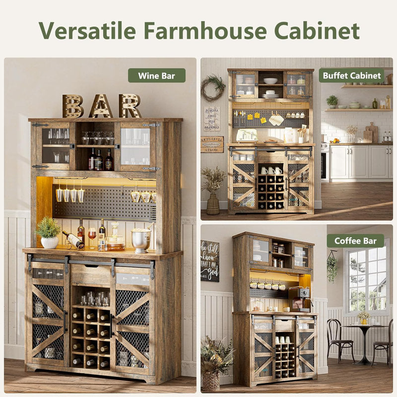 Lavorn 70" Tall Vintage Bar Cabinet with Hutch, Sliding Barn Door