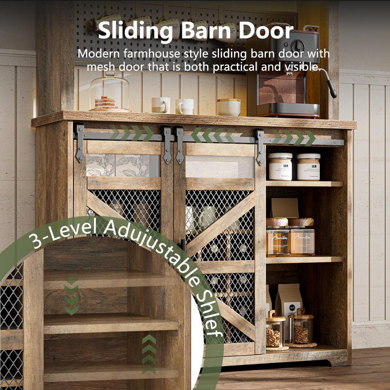 Lavorn 70" Tall Vintage Bar Cabinet with Hutch, Sliding Barn Door