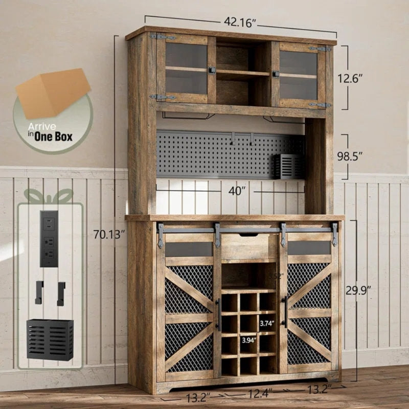 Lavorn 70" Tall Vintage Bar Cabinet with Hutch, Sliding Barn Door