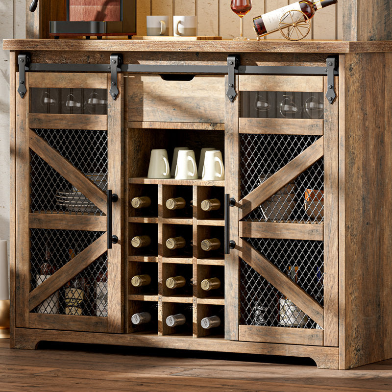 Lavorn 70" Tall Vintage Bar Cabinet with Hutch, Sliding Barn Door