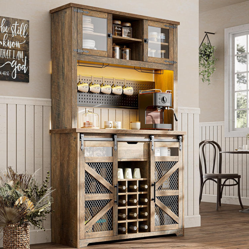 Lavorn 70" Tall Vintage Bar Cabinet with Hutch, Sliding Barn Door