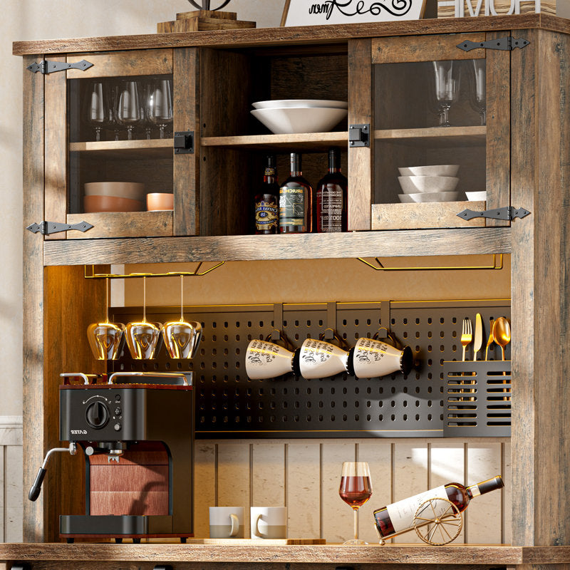 Lavorn 70" Tall Vintage Bar Cabinet with Hutch, Sliding Barn Door