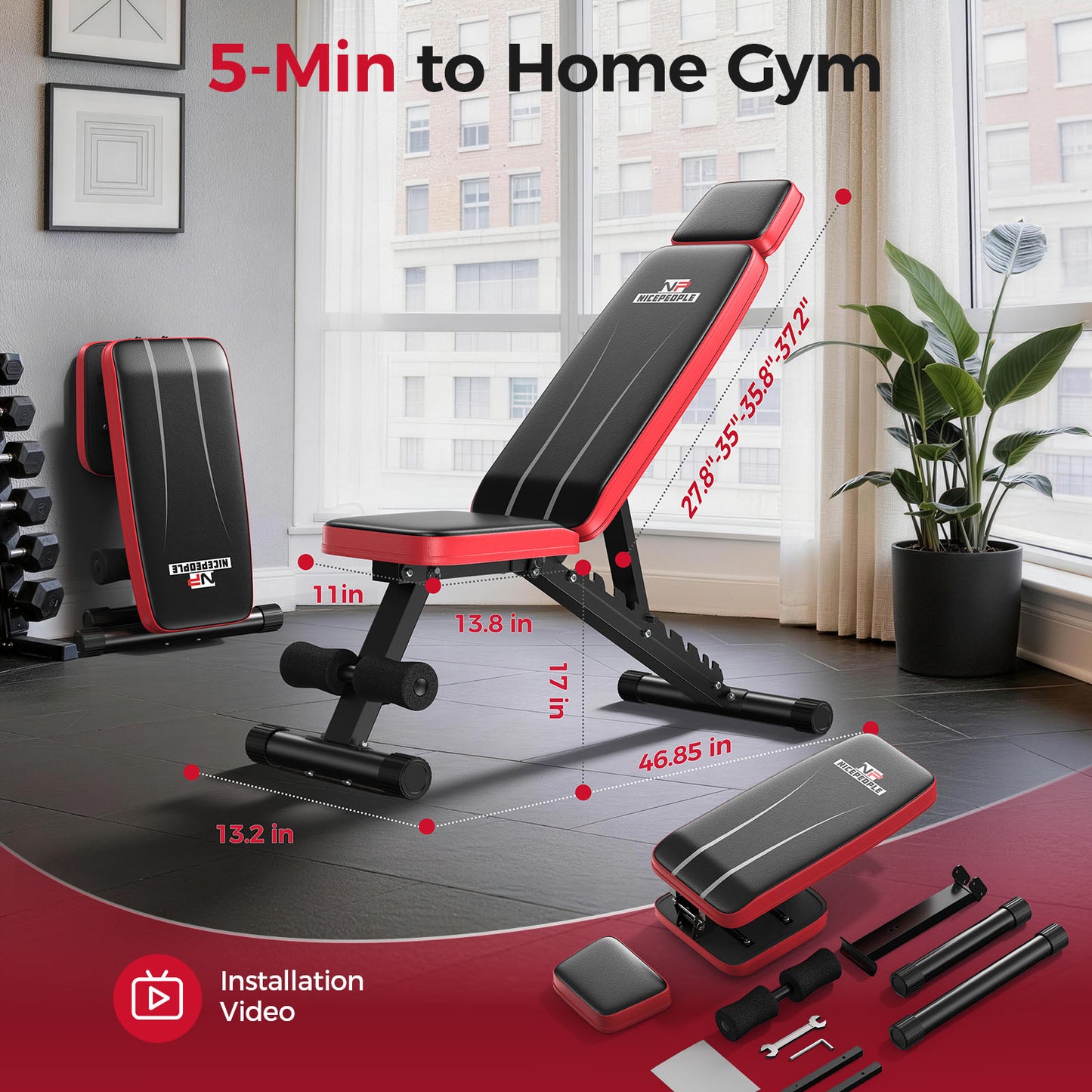 FLYBIRD Upgraded Adjustable Weight Bench for Home Gym, Foldable Workout Bench with Headrest, 660LBS Weight Capacity