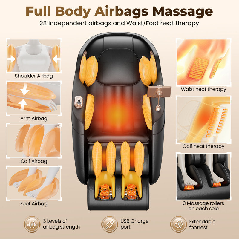 Full Body 4D Massage Chair With SL-Track Roller And 28 Air Bags, 3 Zero Gravity Modes, Heat Therapy, Retractable Footrest With Foot Roller