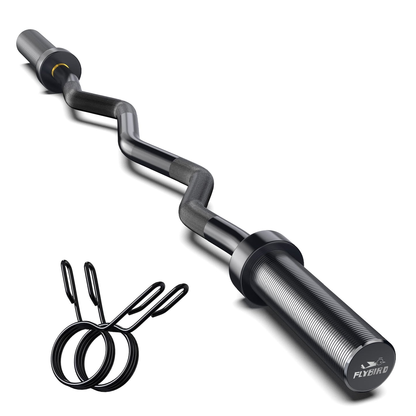 FLYBIRD Olympic Barbell EZ Curl Bar 47in for Weightlifting, Hip Thrusts, Squats and Lunges, Suitable for 2 inch Weight Plates,with 2 Spring Collars