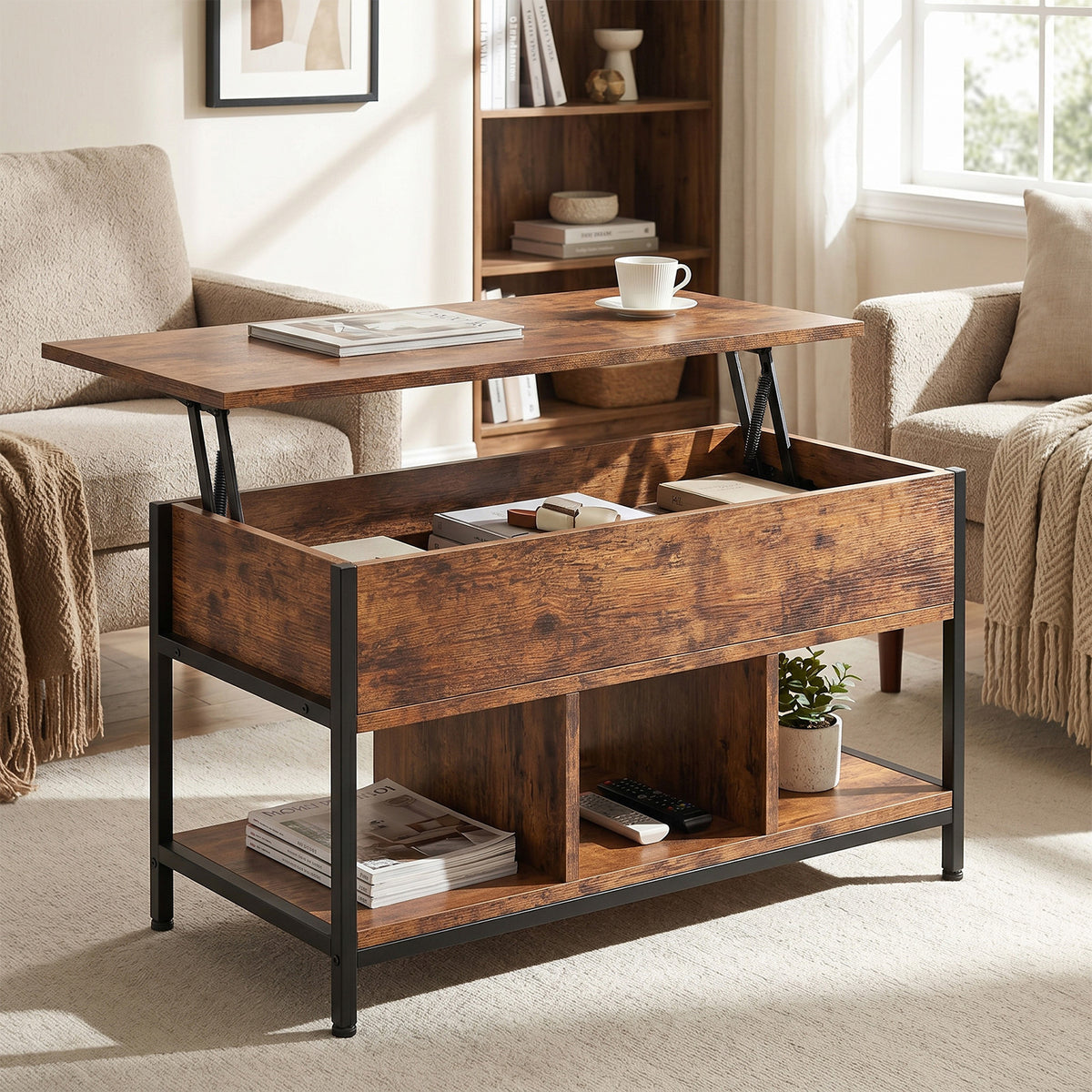 TV Stand with Fabric Drawer Open Storage Shelves Vintage Industrial Style Entertainment Center for 55 Inch TV Media Devices Game Consoles