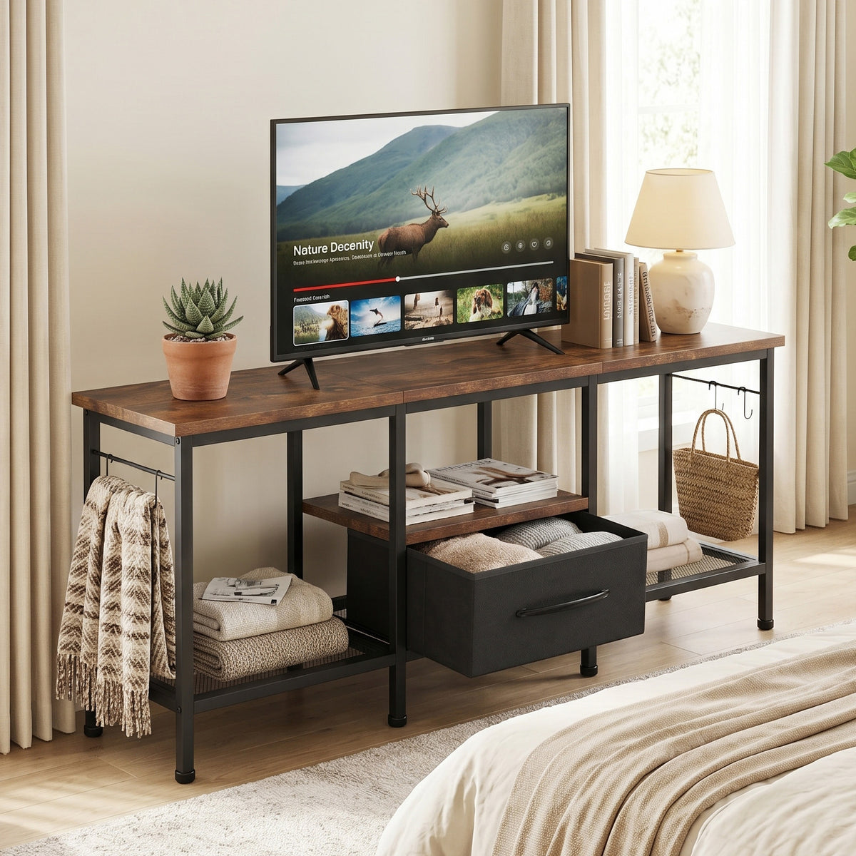 TV Stand with Fabric Drawer Open Storage Shelves Vintage Industrial Style Entertainment Center for 55 Inch TV Media Devices Game Consoles