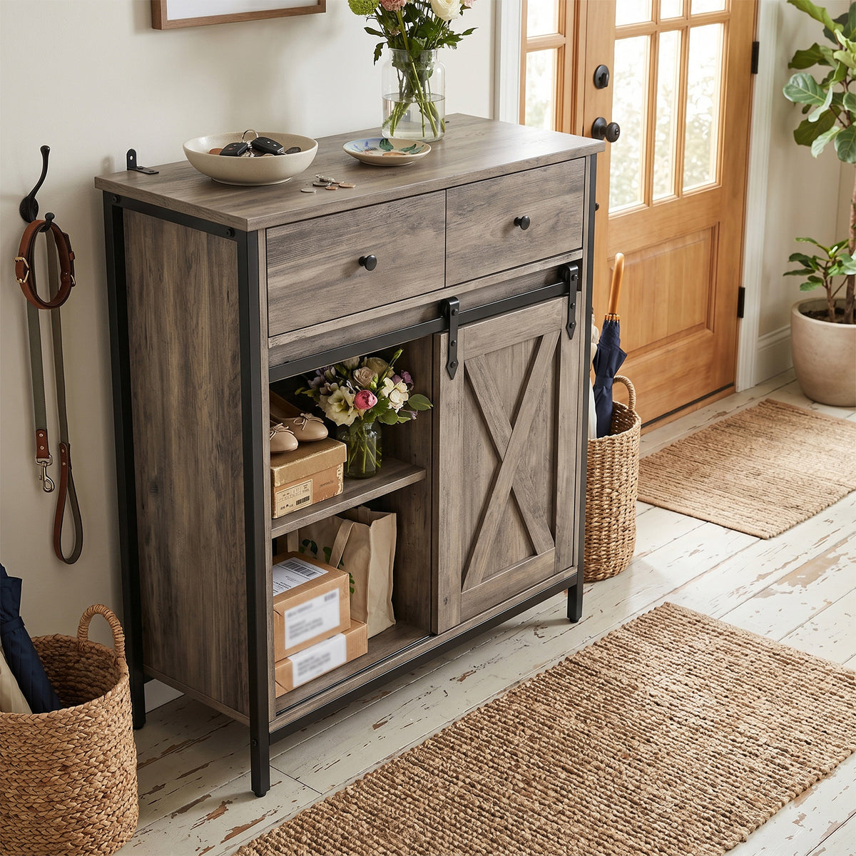 Buffet Cabinet Farmhouse Sideboard Coffee Bar Storage Cabinet with Sliding Barn Door Drawer Adjustable Shelf for Living Room