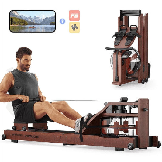 YOSUDA Foldable Water Rowing Machine for Home - 400LBS Capacity Rower with LCD Monitor & Bluetooth App, Solid Beech Wood, Space-Saving Design, Full-Body Workout
