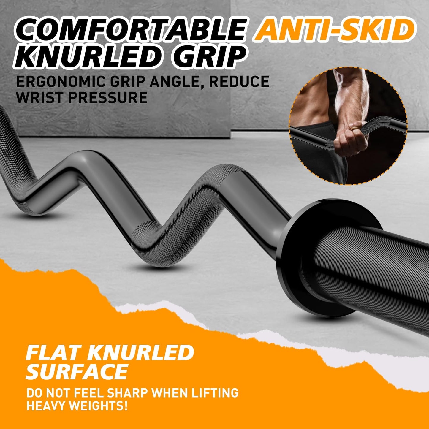 FLYBIRD Olympic Barbell EZ Curl Bar 47in for Weightlifting, Hip Thrusts, Squats and Lunges, Suitable for 2 inch Weight Plates,with 2 Spring Collars