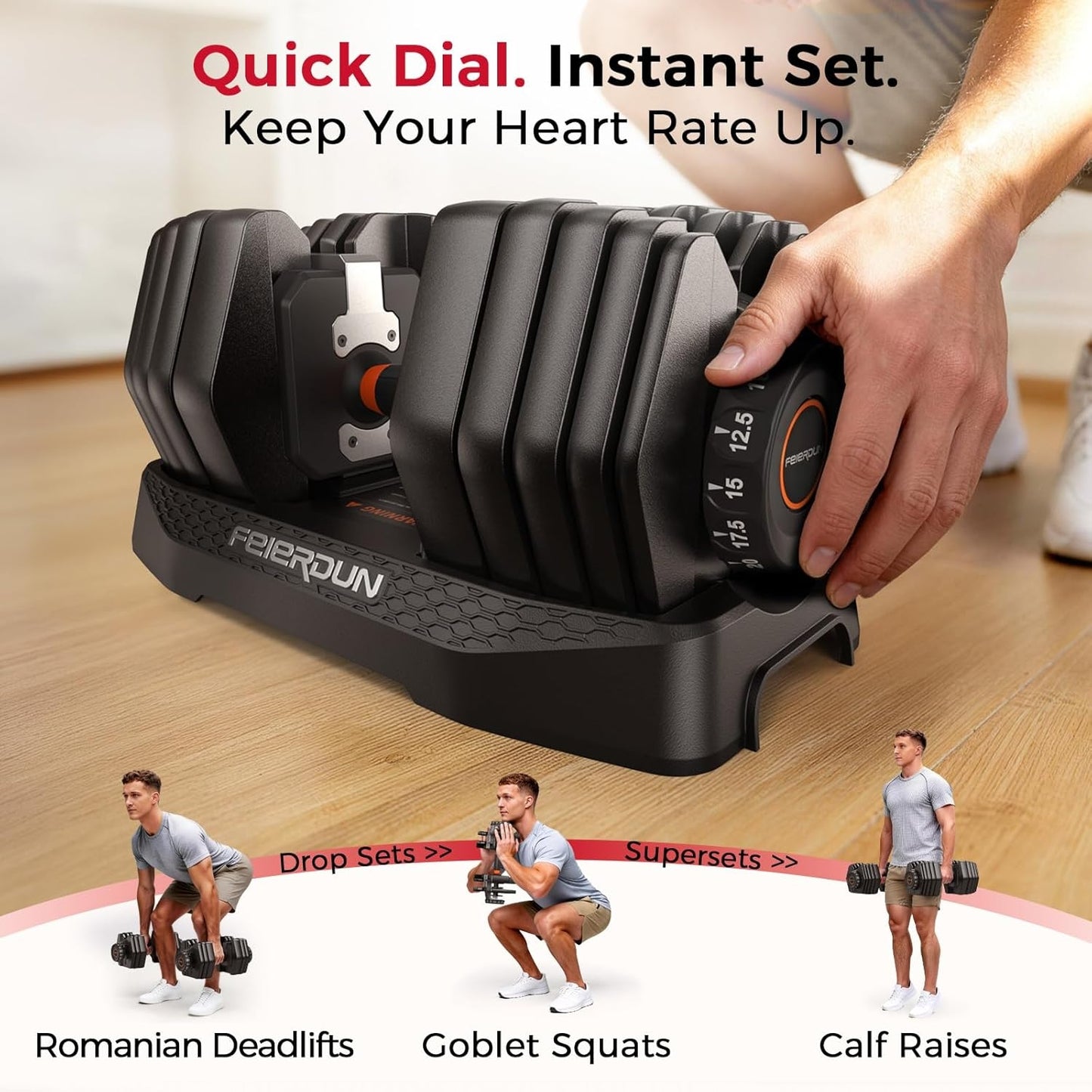 FEIERDUN 15-in-1 Adjustable Dumbbell Set, 5-52.5 lbs Each, 1-Second Quick Change, with Storage Box & App – Ideal for Drop Set, Superset, HIIT Home Gym, Non-Slip Handles