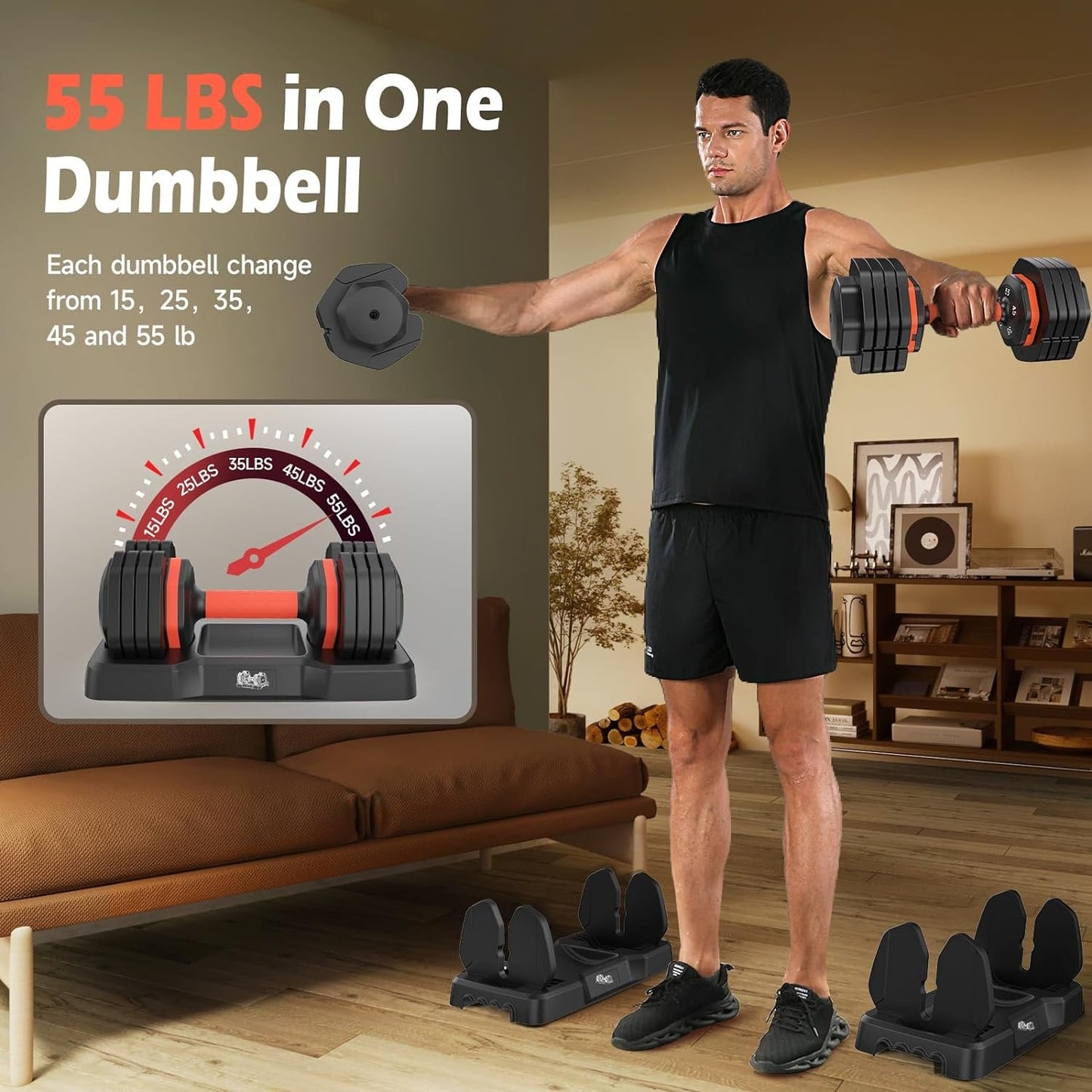 FED Fitness 55LB Adjustable Dumbbells Single,15LB to 55LB Hex Adjustable Dumbbells of 2 Anti-Slip Handle, Suitable for Home Gym Exercise Equipment